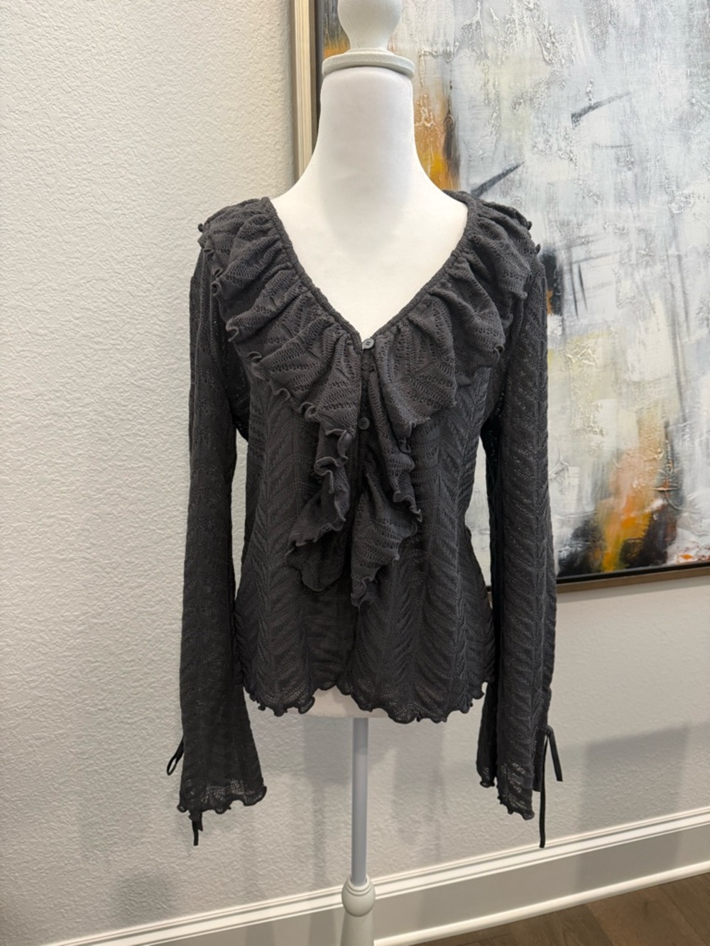 LOFT Charcoal Ruffle V-Neck Knit Top NWT